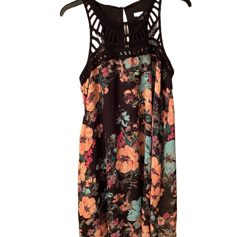 Turquoise and Pink Black floral dress Xhilaration Size L EUC shear lined